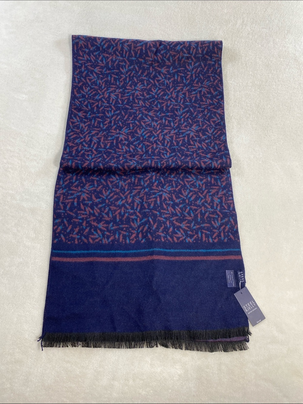 Steel & Jelly Navy Blue Red Patterned Men's Scarf Fringed Winter Soft Luxury NWT